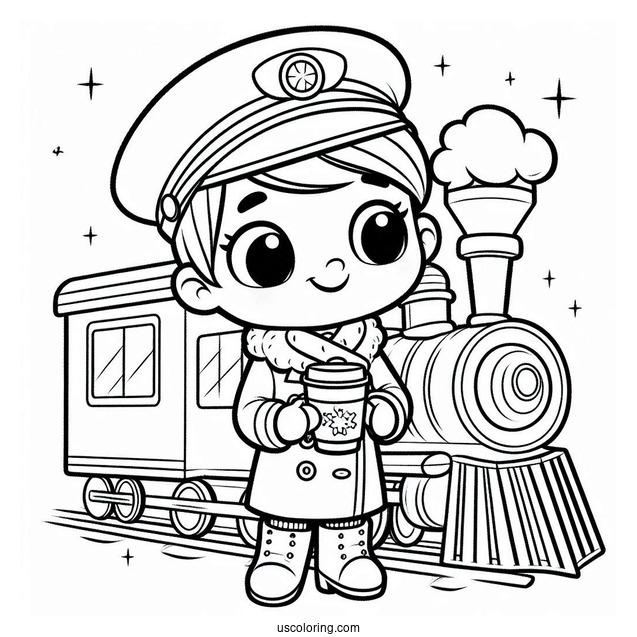 Polar Express Coloring Page Of Cartoon Conductor Holding A Cup Of Hot Coco For Kids