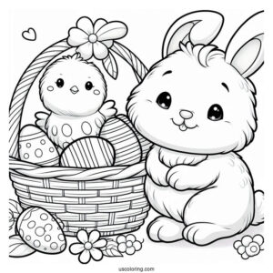 Cartoon Easter Bunny Coloring Page And Chick With Easter Eggs In Basket