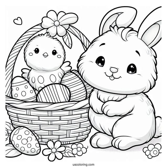Cartoon Easter Bunny Coloring Page And Chick With Easter Eggs In Basket