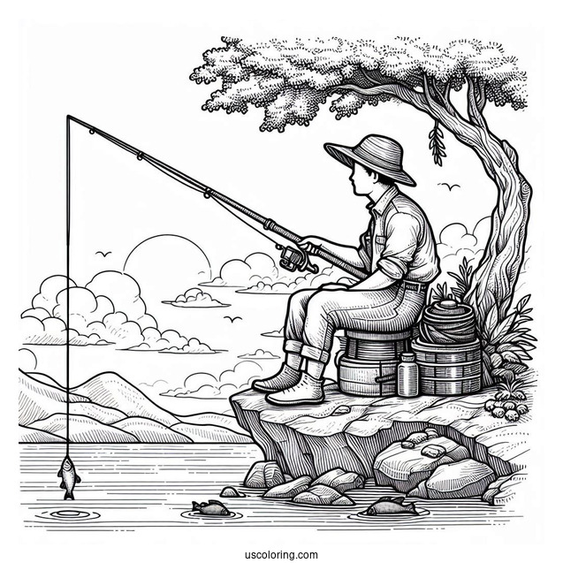 Easy Man Sitting On Rock Fishing Coloring Page