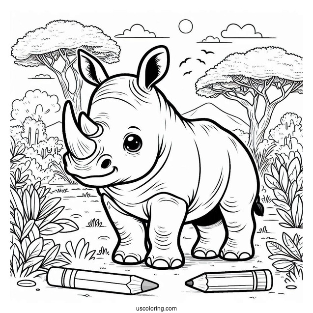 Cute Baby Rhino To Color For Preschoolers