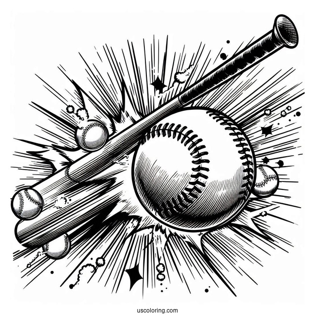 Powerful Baseball Coloring Page Of Swing with Comic Effect
