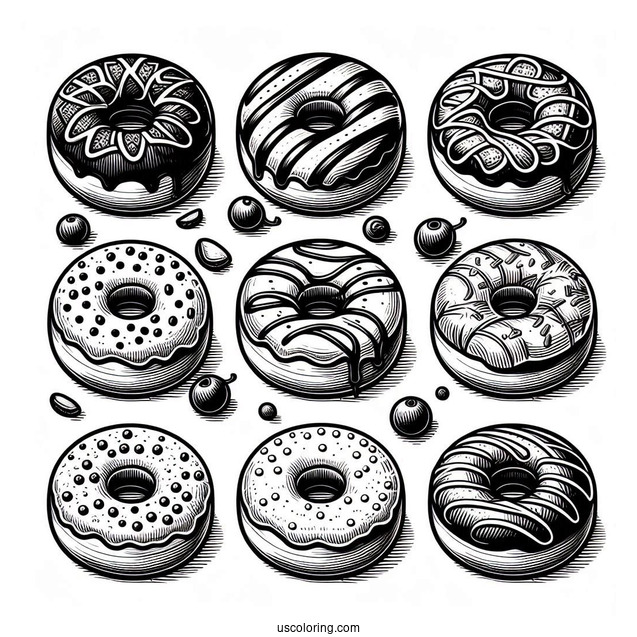 Assorted Glazed Donuts Coloring Page