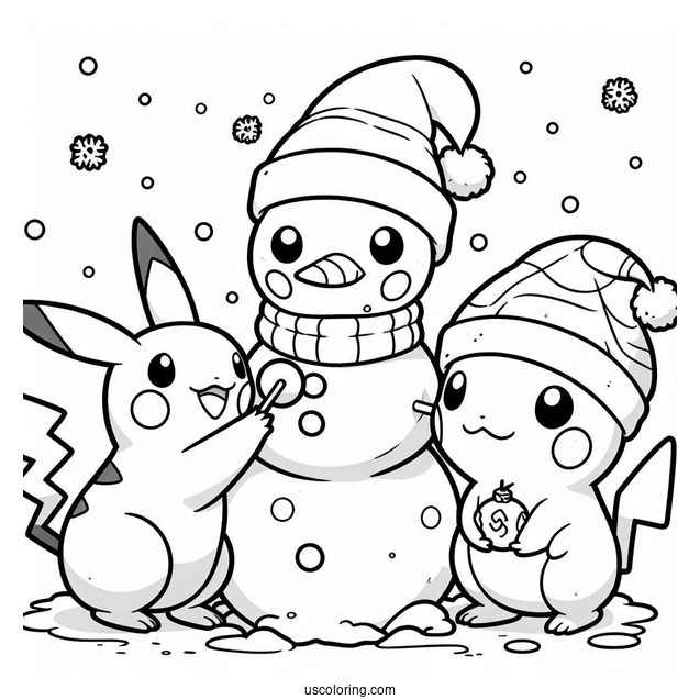 Pokemon Christmas Coloring Page Pikachu, Charmander, And Psyduck Making A Snowman