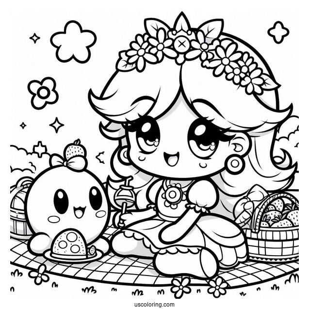 Cute Princess Daisy Coloring Page Having Picnic With Kirby
