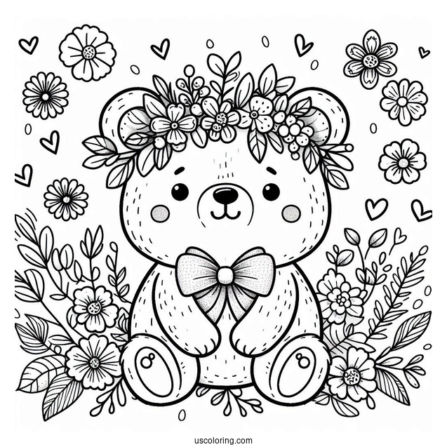 Easy Cartoon Bear With Flower Crown And Bow Spring Coloring Page