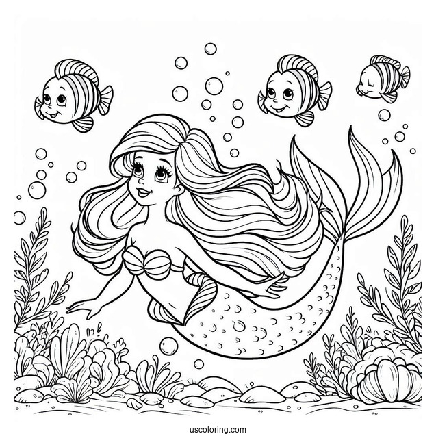 Mermaid Ariel Diving Into Sea With Flounders