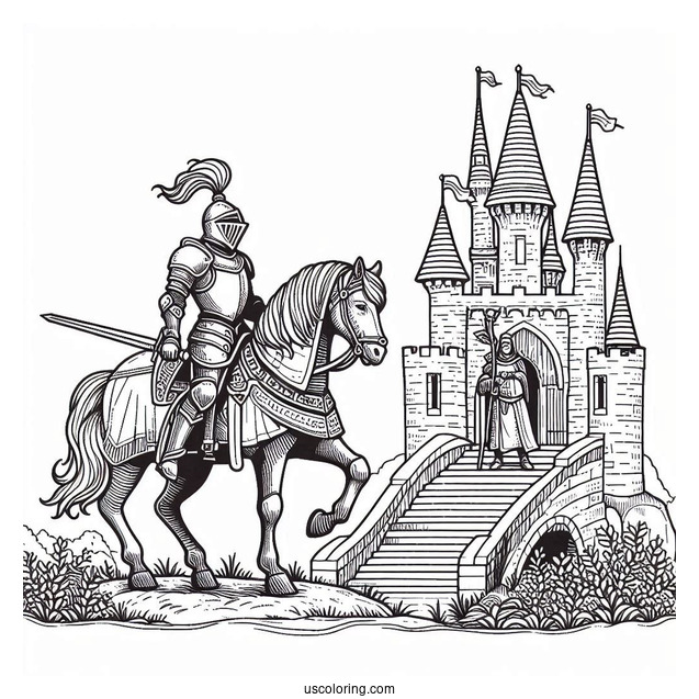 Knight On A Horse Leaving Castle Coloring Sheet
