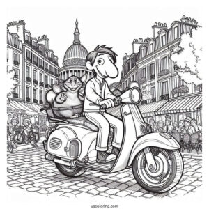 Colette, Alfredo, And Ratatouille Coloring Page Riding A Motorcycle In Paris