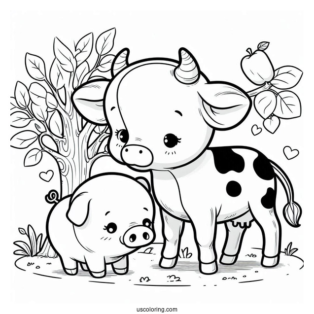 Baby Cow With Pig Chicken And Pig Coloring Sheet