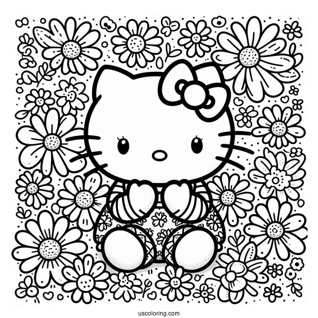 Simple Hello Kitty Surrounded By Daisies Coloring Page For Kids