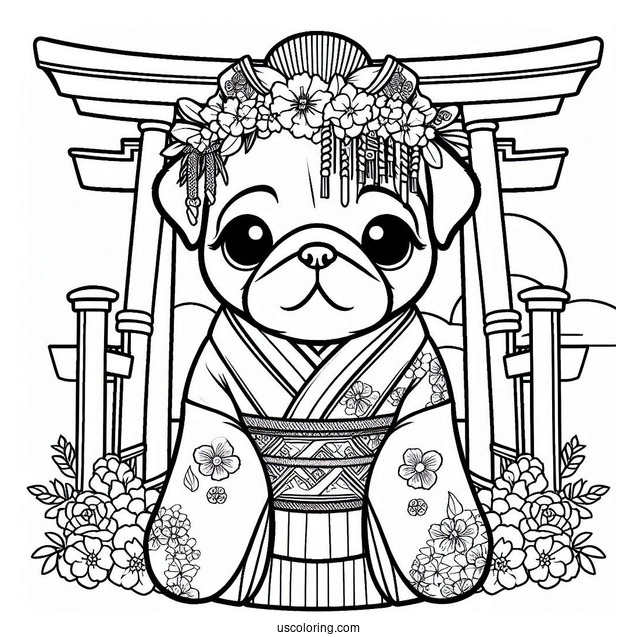 Pug Coloring Page in Kimono at Japanese Torii Gate For Kids