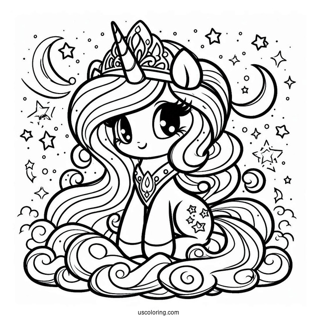 Kawaii Princess Celestia Coloring Page With Stars For Preschoolers