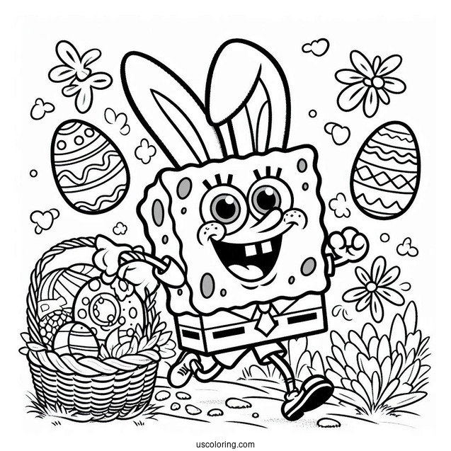Easter Coloring Page Of SpongeBob In Bunny Costume Running With Easter Eggs