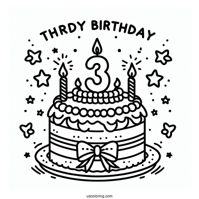 Third Birthday Cake Coloring Page For Preschoolers