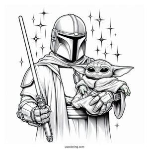 The Mandalorian Holding Baby Yoda To Color