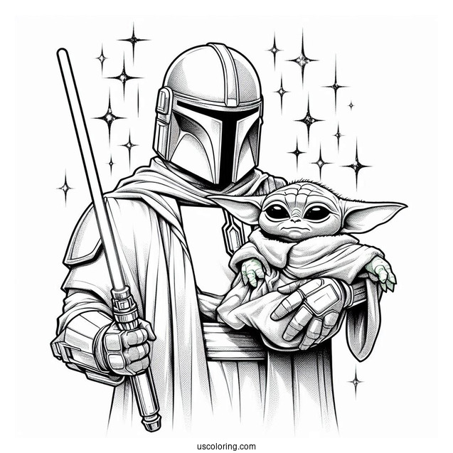 The Mandalorian Holding Baby Yoda To Color