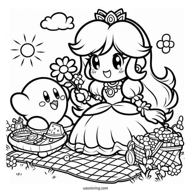 Cute Princess Daisy Coloring Page Having Picnic With Kirby