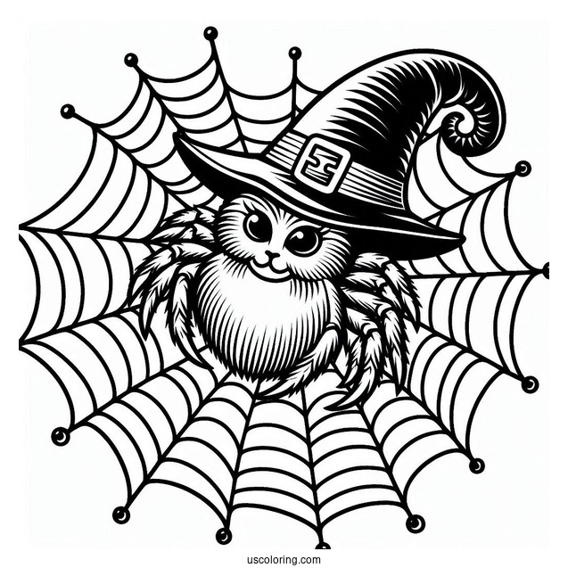 Outline Of Spider On Web Wearing Witches Hat