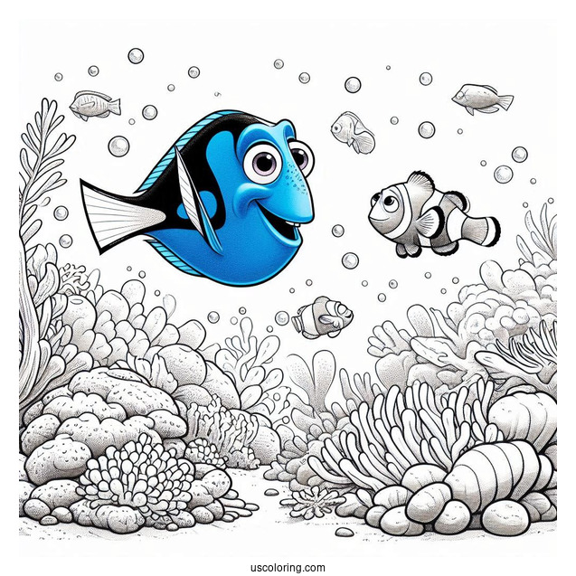 Pixar Coloring Page of Dory And Marlin In Coral Reef