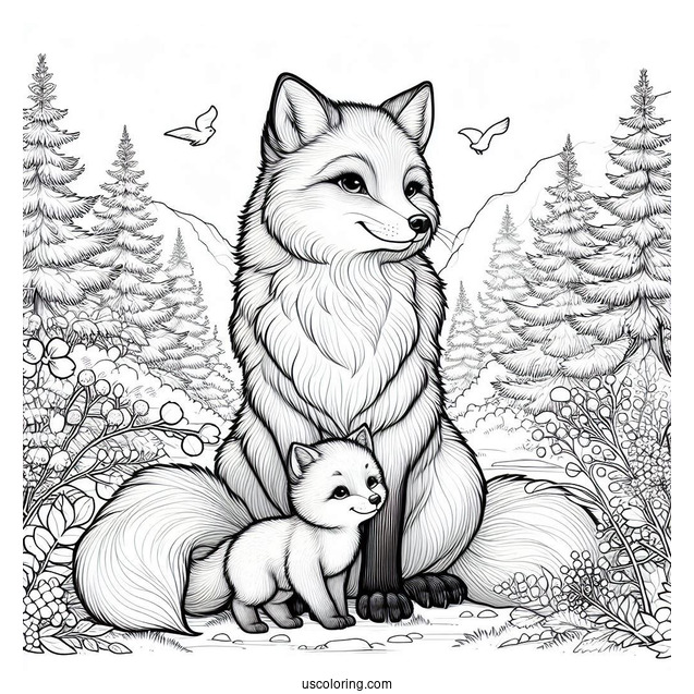 Realistic Mama Fox Coloring Page With Baby Fox In Forest