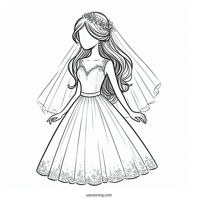 Bride Wearing Simple Dress Coloring Page With Short Veil