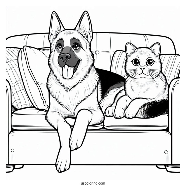 German Shepherd And Cat Sitting On Couch