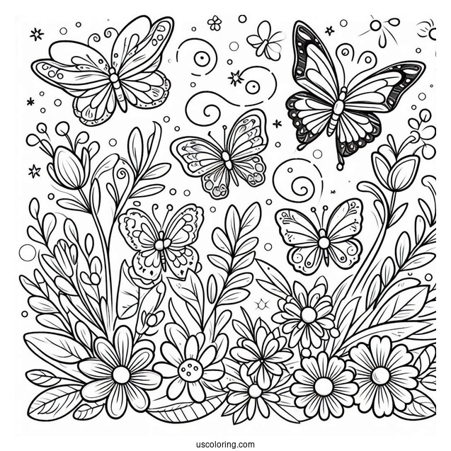 Cartoon Spring Coloring Page Butterflies And Flowers