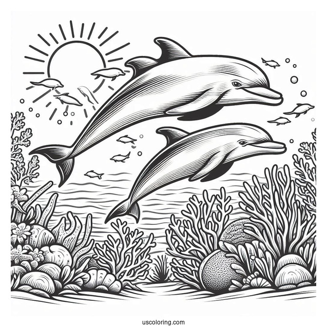 Two Dolphins Swimming On Reef Coloring Page