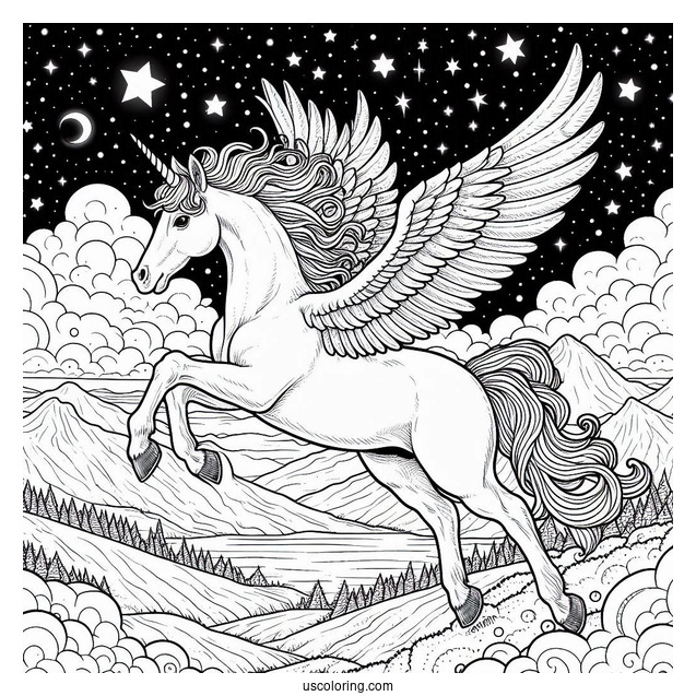 Realistic Pegasus Coloring Page With Starry Night Sky