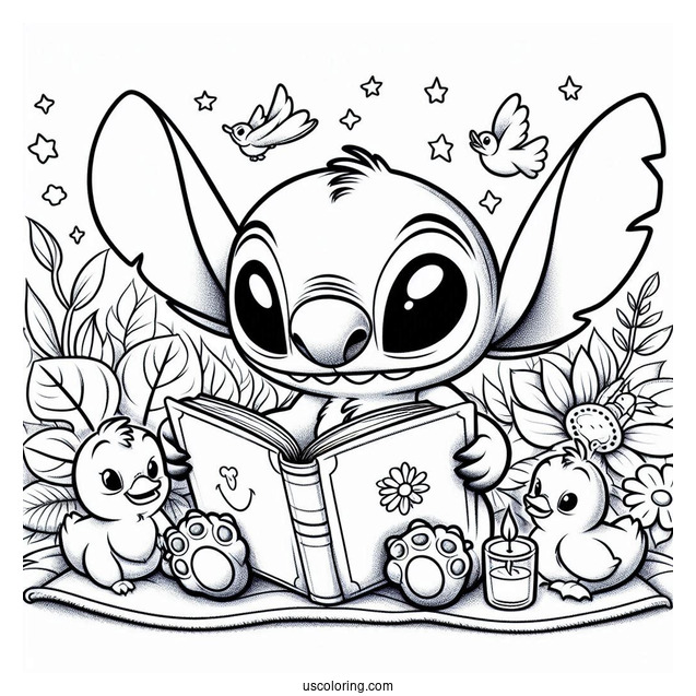 Stitch Reading a Book Do Duckings Coloring Page