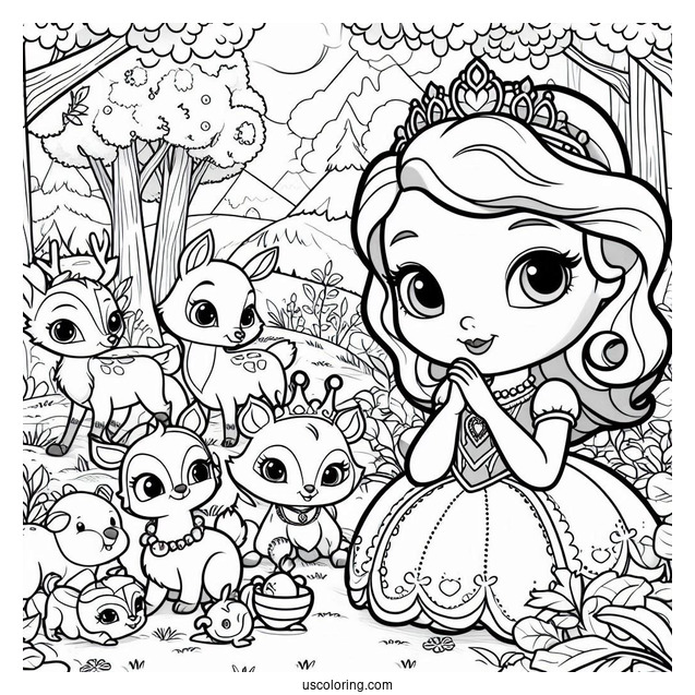 Sofia The First Coloring Page In The Forest With Animal Friends