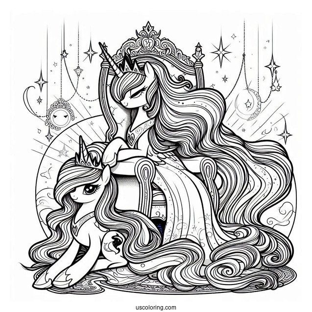 Detailed Princess Luna Coloring Page And Princess Celestia On The Throne