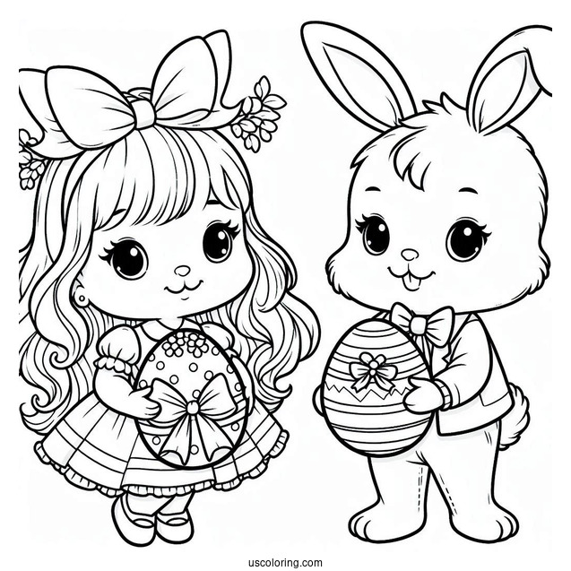 Girl And Boy Easter Bunny Coloring Page Carrying Easter Egg With Bow