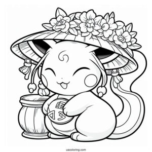 Mew Coloring Page Holding Koban Lucky Gold Coin