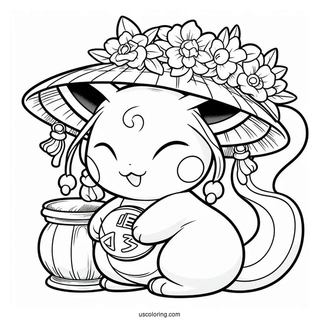 Mew Coloring Page Holding Koban Lucky Gold Coin
