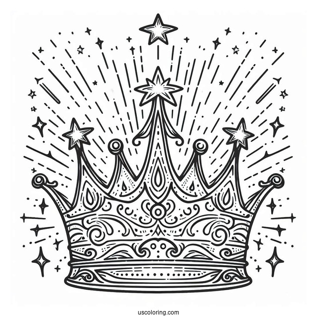 Majestic Crown Coloring Page with Stars and Light Beams