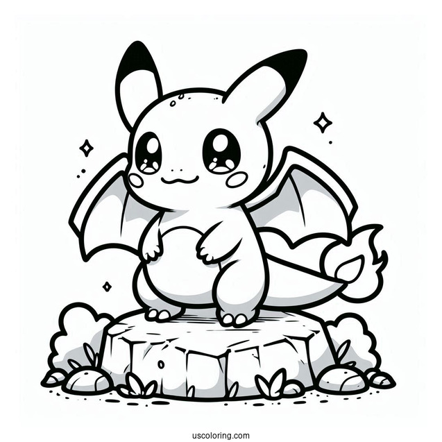 Kawaii Charizard Standing On A Rock Coloring Sheet