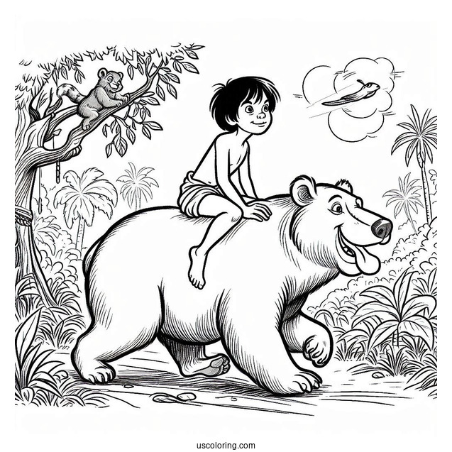 Jungle Book Coloring Page Of Mowgli Riding On Baloo s Back For Kids