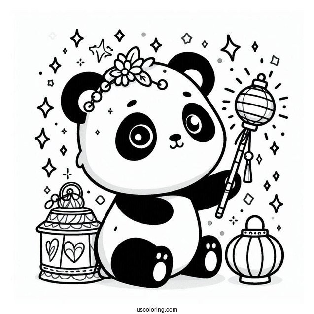 Panda Coloring Page with Sparkling Wand and Floating Lanterns For Kids