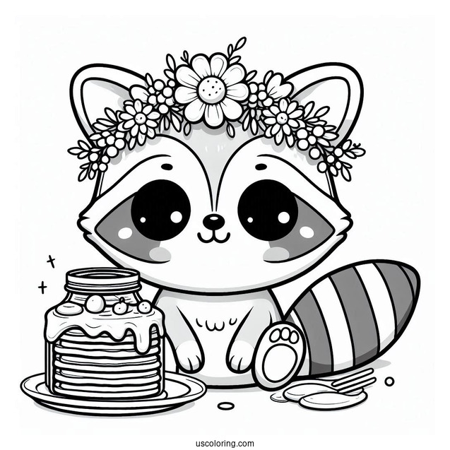 Kawaii Raccoon Coloring Page With Flower Crown And Pancake For Kids