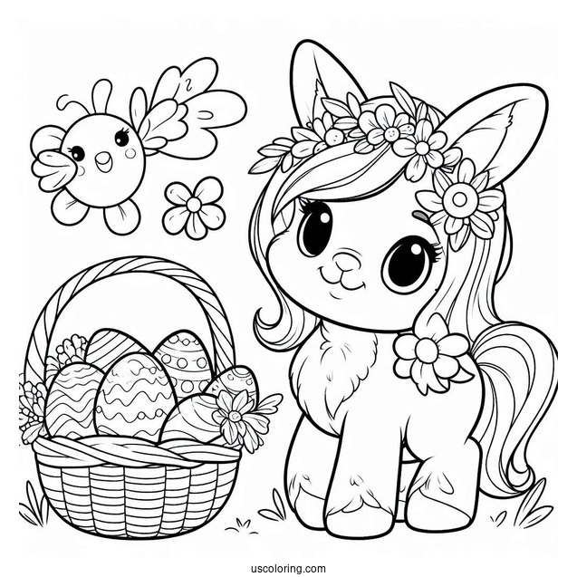 Easter Bunny With A Basket Of Easter Coloring Page Of Eggs Next To A Pony For Kids