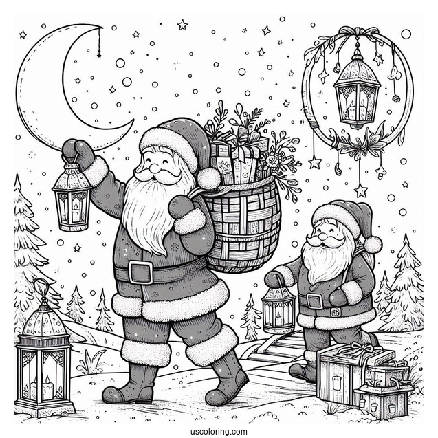 Santa Carrying Christmas Presents And Lanterns In The North Pole Coloring Page