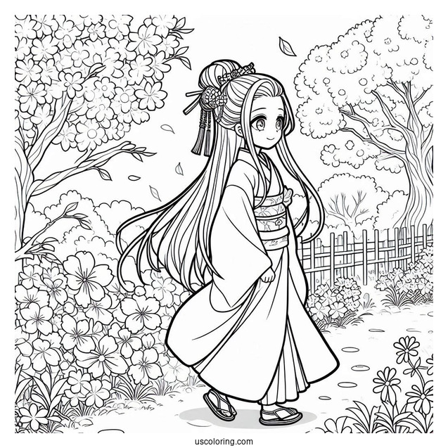 Nezuko Coloring Page Walking In Garden With Cherry Blossoms