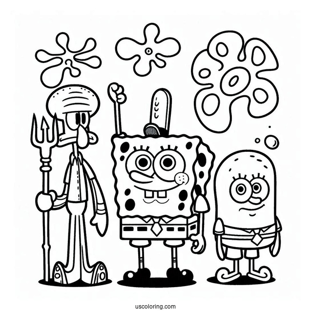 SpongeBob With Patrik, Squidward And Sandy To Color