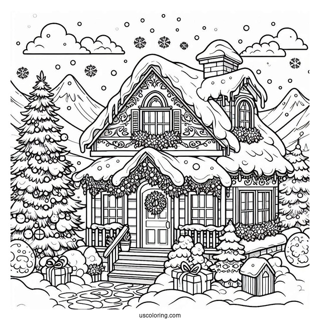 Christmas Coloring Pages For Adults Of House Covered In Snow On Christmas Day