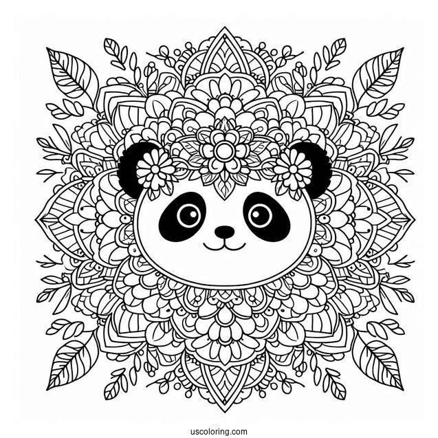 Floral Mandala with Panda Coloring Page Faces and Leaf Border Design For Adults