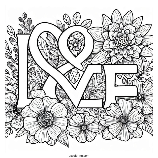Love Word With Peace Coloring Page Sign And Flowers