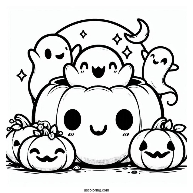 Pumpkin Coloring Page Of Chibi Ghosts Coming Out Of A Smiling Jack O Lantern