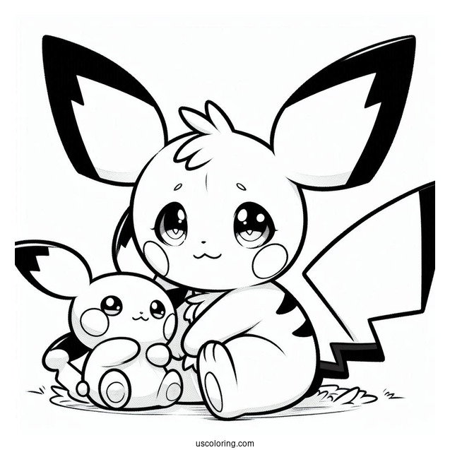 Pichu Coloring Page Sitting With Stuffed Toy Raichu